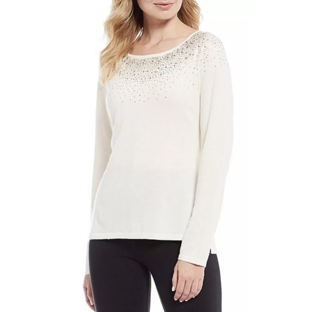 Tommy Bahama Silver Vista Crew Neck Long Sleeve Top Sweater Sequin Creme Sz S